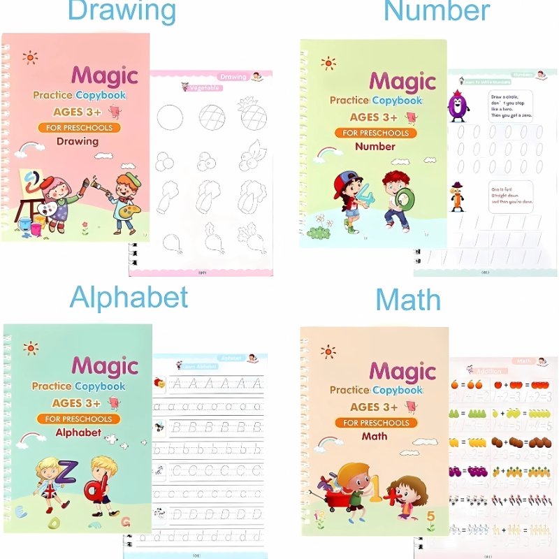 Magic Practice Copybook Set for Kids (Ages 3+) – 4-in-1 Reusable Workbook Set