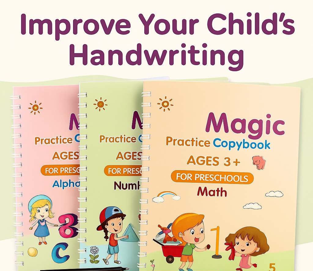 Magic Practice Copybook Set for Kids (Ages 3+) – 4-in-1 Reusable Workbook Set